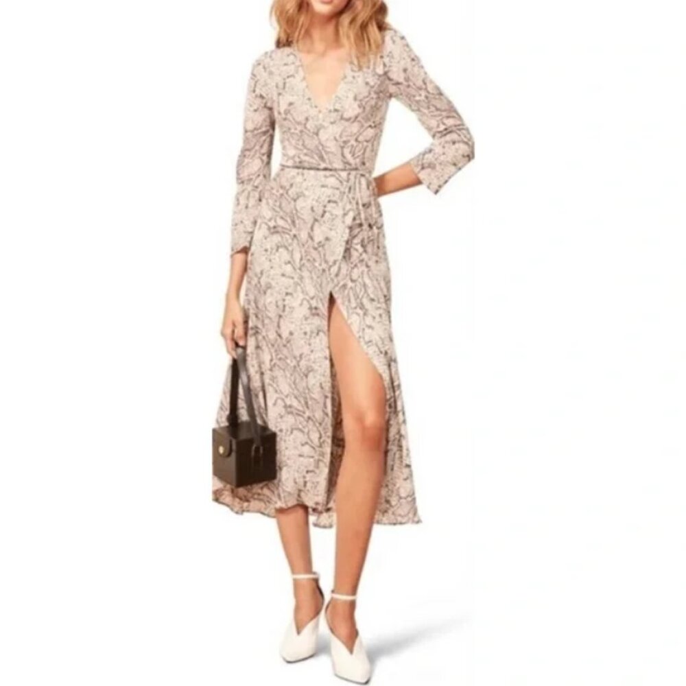 Reformation Jaz Python Snakeskin Print Beige Wrap V-Neck Midi Dress XS